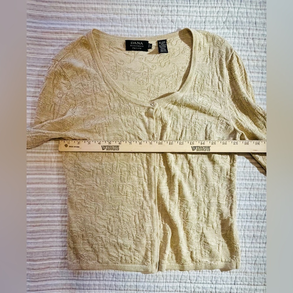 Dana Buchman Petite Tan And Gold Metallic Cardigan, Size M - Picture 6 of 9